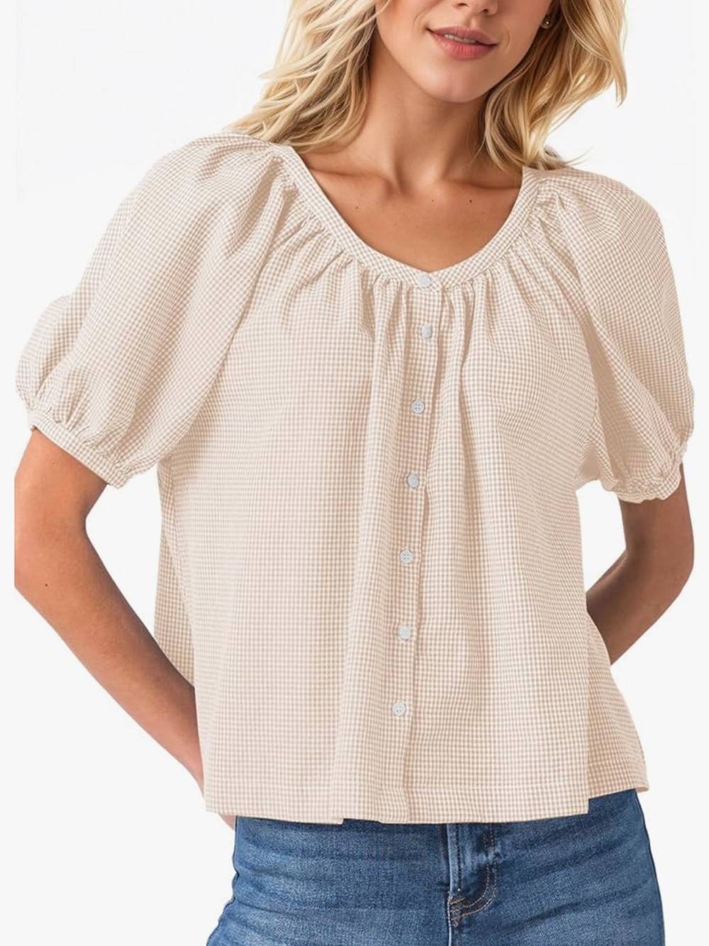 Women's Cream Gingham Button-Front Puff Sleeve Top
